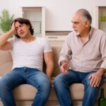 Son with hands on head experiencing headache, sitting on couch with concerned father