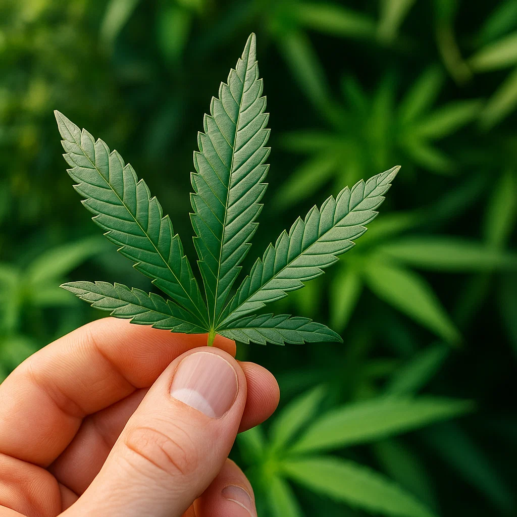 Close-up of a hand holding a cannabis leaf