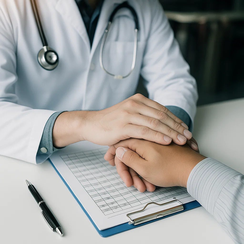 close-up of a doctor’s hand gently holding a patient’s hand, symbolizing care, trust, and support in a healthcare setting