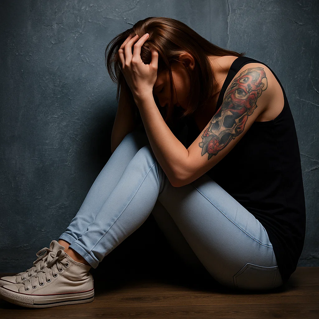 Woman sitting with hands on head, appearing stressed
