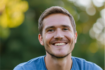 A man in a blue shirt smiling