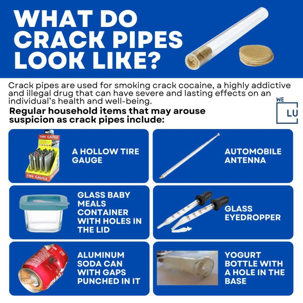 Crack pipes are used for smoking crack cocaine. Crack pipes usually look like straight glass tubes with a bowl on one end, but simple household items can be suspected as crack pipes. Examples include a hollow tire gauge, automobile antenna, glass containers with holes in the lid, and glass eyedroppers.