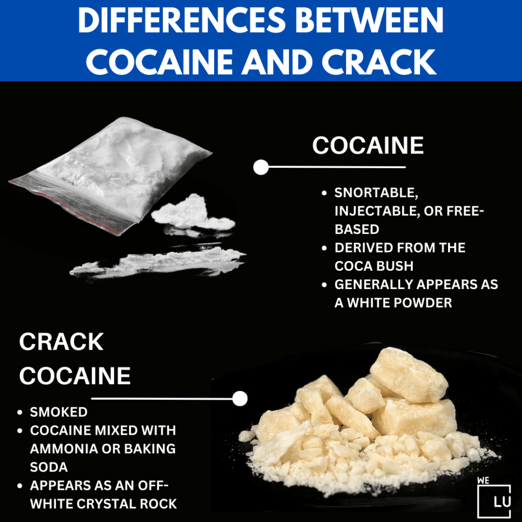 Differences between cocaine and crack cocaine include the form, origins, and method of consumption.
