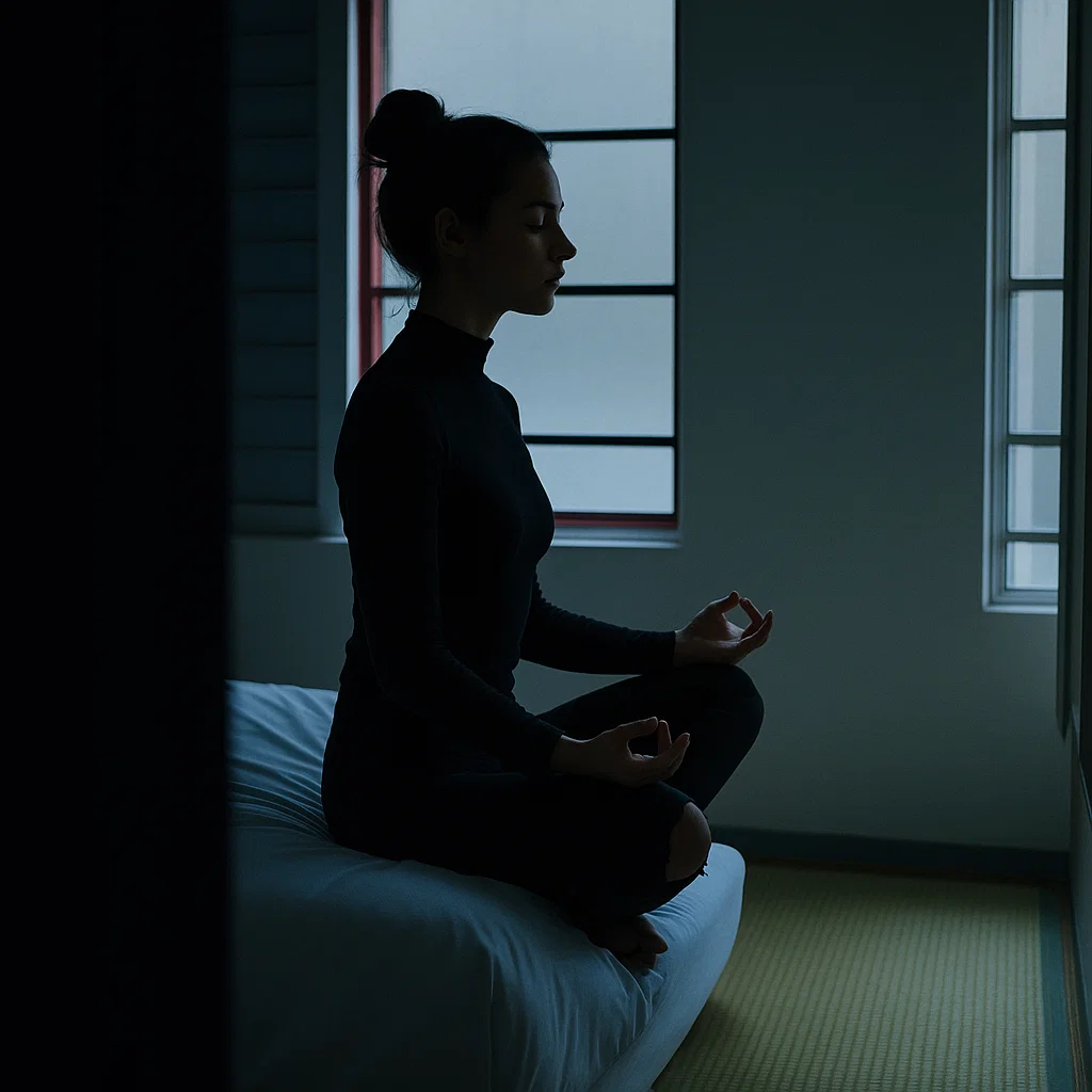 Woman practicing yoga in her room