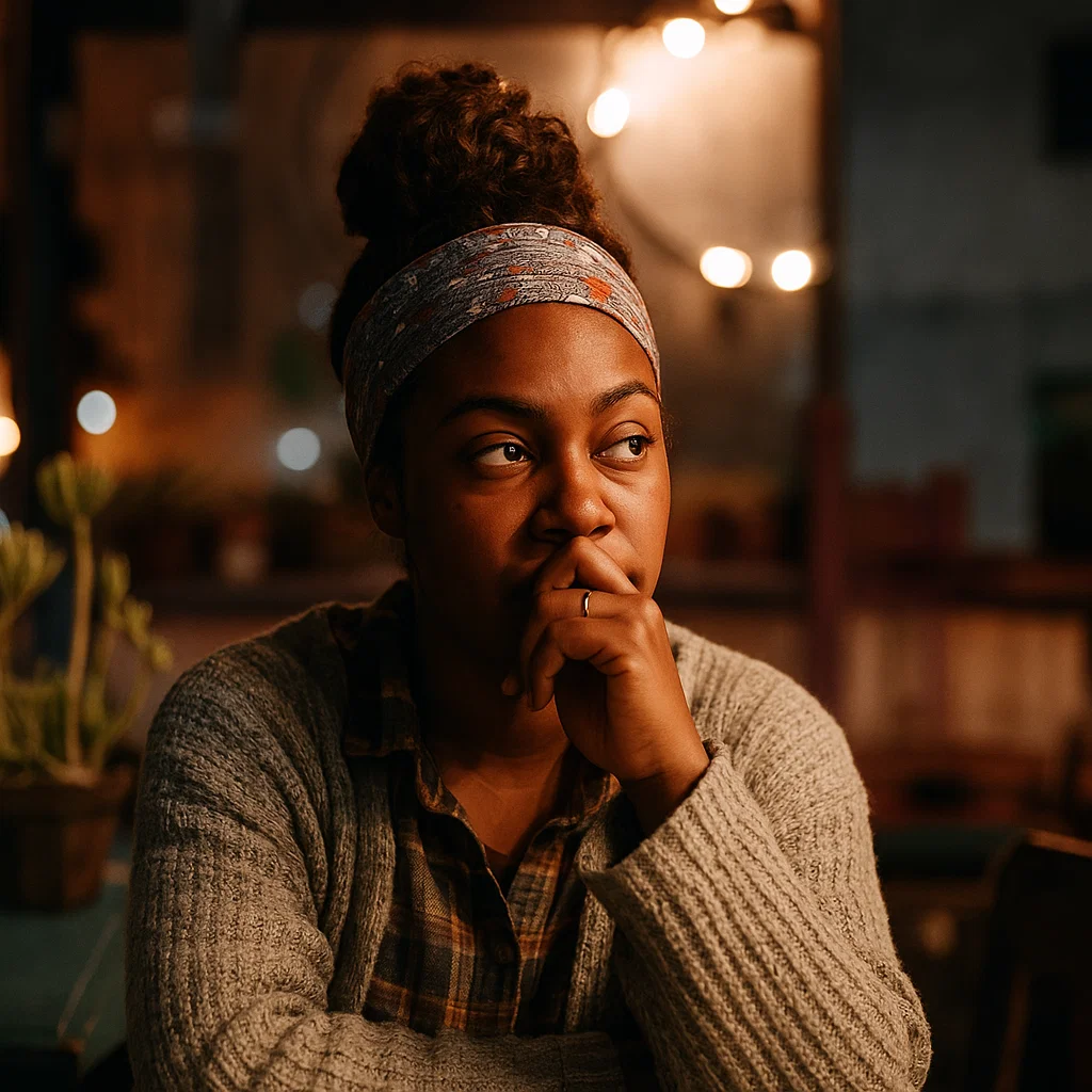 Woman resting chin on hand, deep in thought