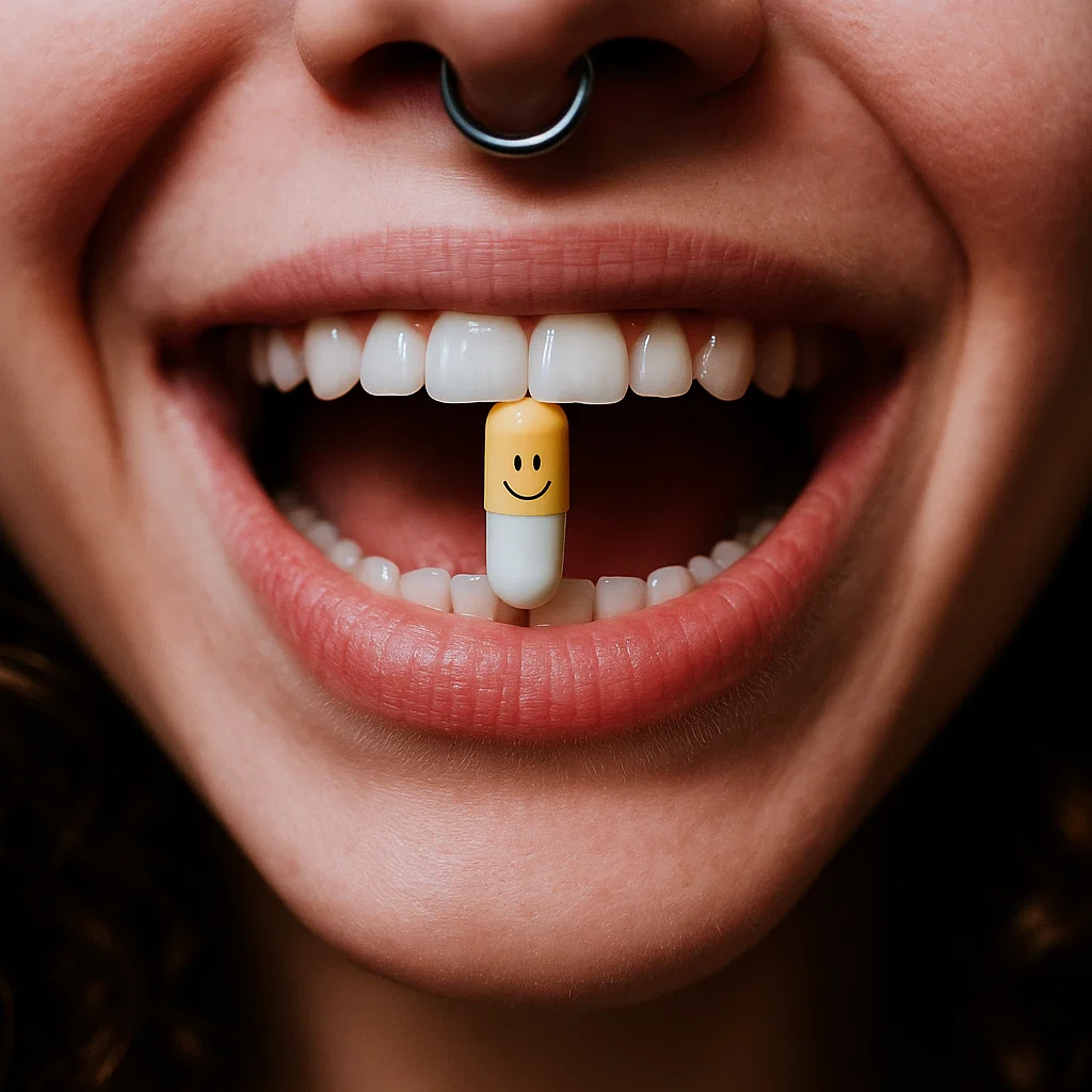 Close-up of woman’s mouth holding a pill between her teeth