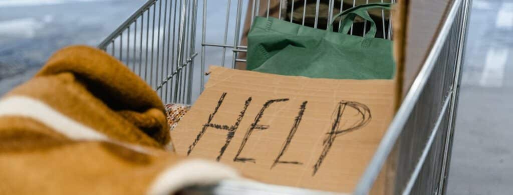 'Help' written on a cardboard in a shopping cart